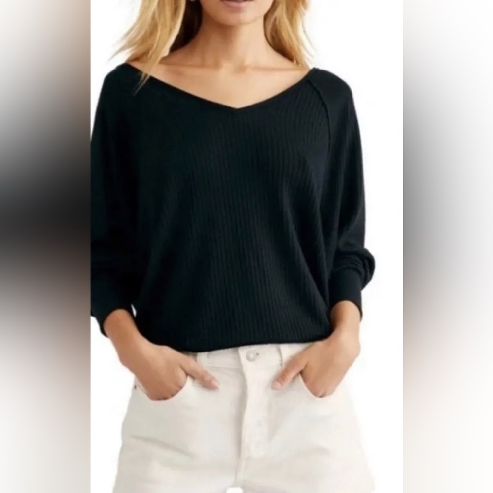 NWT Free People Santa Clara Black V-Neck Waffle-Knit Thermal Top, Oversized, XS
